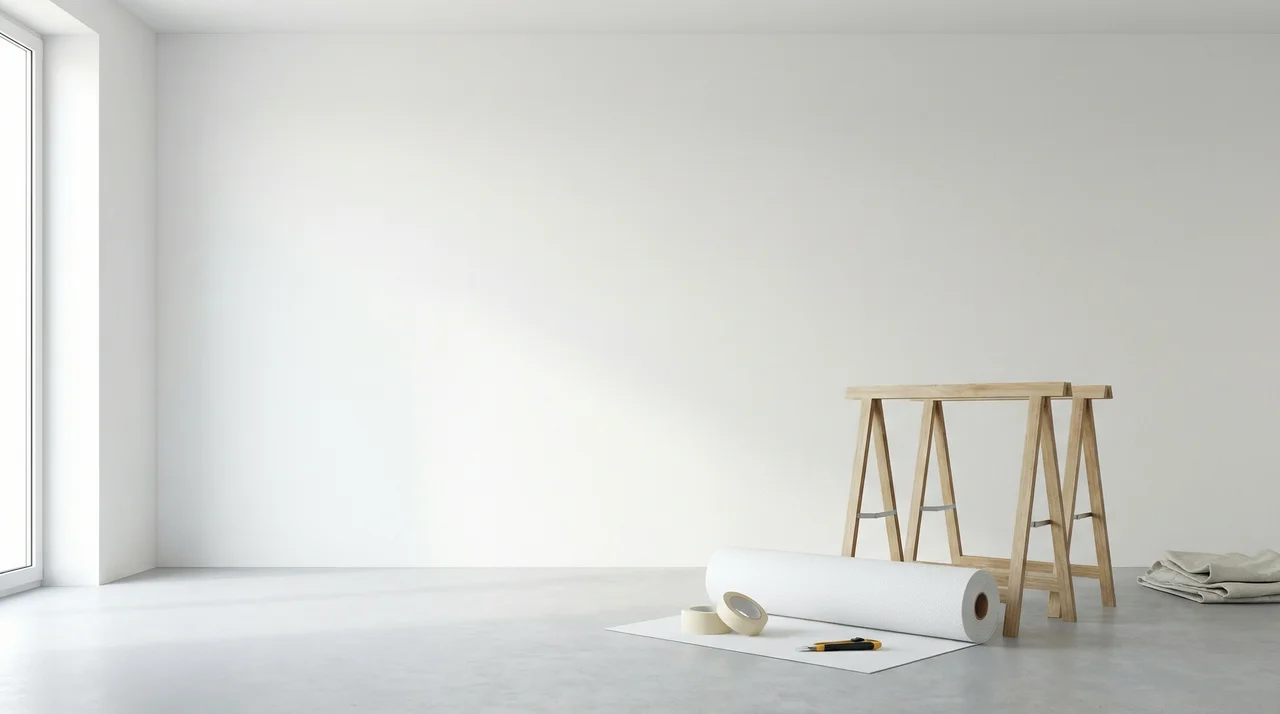 Behangklaar gemaakte witte wand met renovliesrol en schildersezels